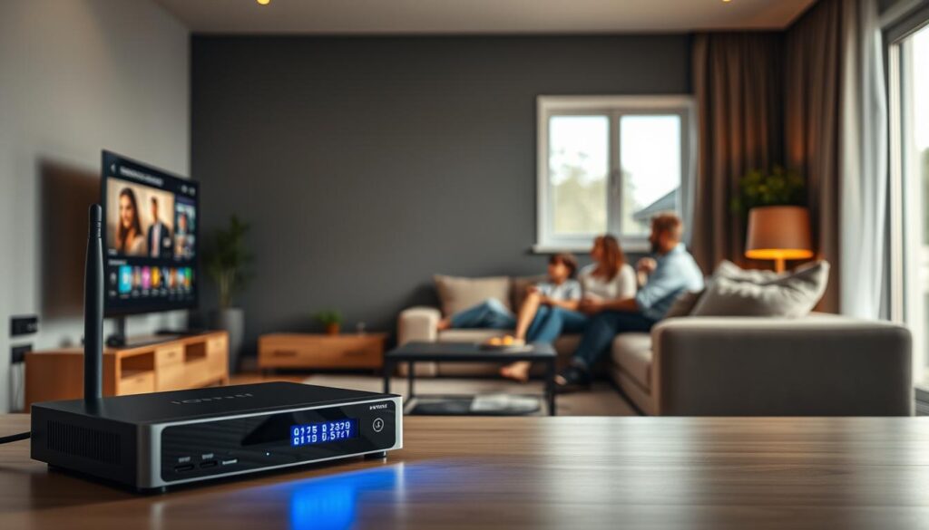 A modern living room interior showcasing the advantages of an IPTV receiver over traditional TV receivers. In the foreground, an IPTV receiver with a sleek design connected to a smart TV, with a glowing interface highlighting various streaming options. In the middle, a cozy couch with a family enjoying a show, demonstrating seamless viewing. In the background, a window with natural light pouring in, adding warmth to the scene. The overall atmosphere is inviting and relaxed, with soft, diffused lighting to enhance the homey feel. Capture details with a slightly elevated angle, focusing on the interaction between the family and technology, beneath gentle ambient light that creates a sense of comfort and innovation.