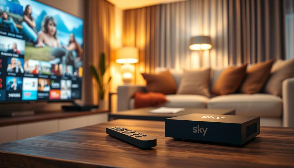 A modern living room scene featuring a sleek IPTV box branded with a subtle "Sky" logo. In the foreground, the IPTV box is connected to a large flat-screen television displaying vivid streaming content. A remote control lies next to the box, partially on a stylish coffee table made of dark wood. In the middle ground, a comfortable sofa adorned with plush cushions and throws invites viewers into the setting. The background reveals warm ambient lighting from stylish lamps, enhancing a cozy atmosphere. Soft curtains are draped near a window, allowing for natural light that creates a balanced, inviting glow throughout the room. The photo should have a slightly blurred depth of field to emphasize the IPTV box and the living space tranquility.