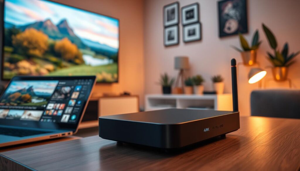 A modern living room scene showcasing a sleek IPTV device prominently placed on a stylish media console. In the foreground, a high-resolution TV displays a vibrant 4K UHD image of a vivid nature landscape, reflecting the best picture quality. To the left, an open laptop streaming Full HD content adds to the atmosphere of advanced technology. Soft, warm lighting illuminates the space, creating a cozy yet contemporary ambiance. In the background, artistic wall decorations and houseplants enhance the inviting feel. The camera angle is slightly elevated, focusing on the IPTV device and the TV screen, capturing the elegance and state-of-the-art quality of home entertainment. The mood is lively yet relaxing, perfect for enjoying a night of streaming.