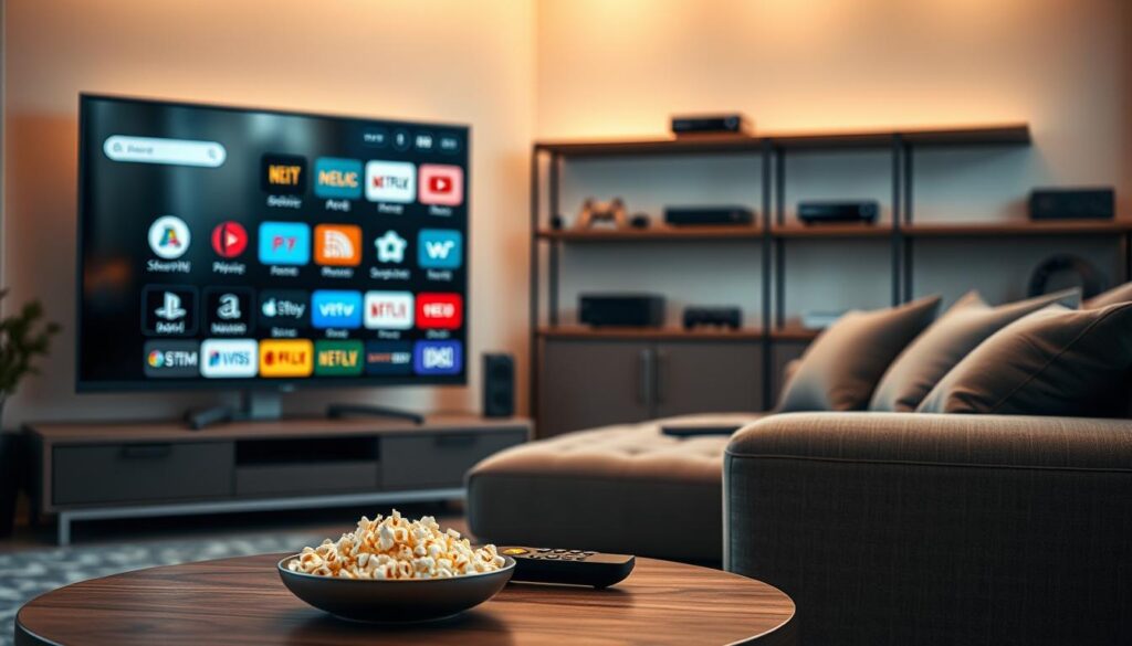 A modern living room scene showcasing a sleek smart TV displaying various streaming app icons. In the foreground, a stylish coffee table with a remote control and a bowl of popcorn invites viewers in. The middle ground reveals a comfortable couch with neatly arranged cushions, and a cozy atmosphere created by soft, warm lighting. In the background, a shelf with neatly organized media devices, like a streaming player and game console, adds depth. The overall mood is inviting and contemporary, reflecting a relaxed environment perfect for enjoying high-quality streaming content. The composition is shot from a slightly elevated angle, creating an immersive view of the space, with natural light filtering in through a nearby window.