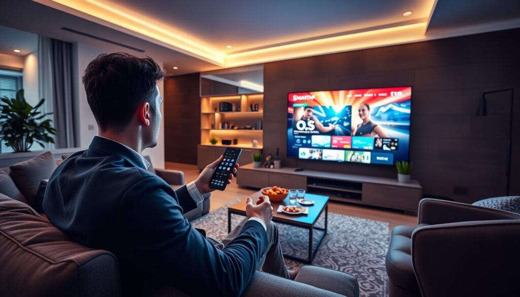A modern living room scene showcasing a user interacting with the Smartone IPTV interface on a large flat-screen TV. In the foreground, a person in smart casual clothing is comfortably seated on a stylish couch, holding a sleek remote control, focused on the vibrant, dynamic display of streaming content. The middle layer reveals a coffee table with snacks and drinks, enhancing a cozy atmosphere. The background features soft ambient lighting, with bright accents that highlight the entertainment space. A few decorative plants add a touch of life to the setting. The overall mood is relaxed and engaging, capturing the essence of user experience with Smartone IPTV. The camera angle is slightly elevated, providing an intimate view of the interaction.
