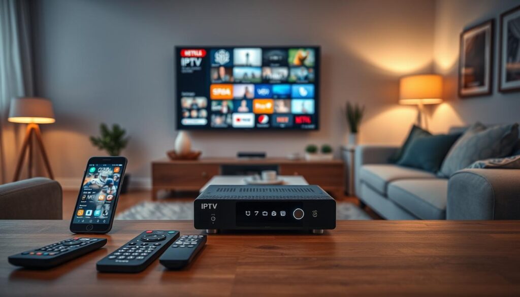 A modern living room scene showcasing an IPTV receiver connected to a sleek television. In the foreground, prominently display the stylish IPTV receiver with quick access buttons illuminated, surrounded by remote controls and a smartphone displaying a user-friendly interface. The middle ground features the television screen depicting vibrant streaming channels, illustrating a range of genres—from sports to documentaries. In the background, create a cozy atmosphere with soft lighting emanating from floor lamps and a plush couch, with subtle decorative elements like plants and framed artworks. Capture the scene from a slight overhead angle to provide depth, emphasizing a welcoming mood that embodies the enjoyment of watching television via IPTV.