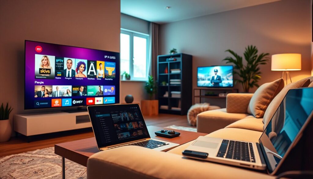 A modern living room scene showcasing various devices accessing IPTV services. In the foreground, feature a sleek flat-screen smart TV displaying a vibrant IPTV interface with colorful thumbnails of shows and movies. To the right, a comfortable sofa with a stylish coffee table displaying a remote control and a tablet. In the middle ground, include a modern laptop with a streaming service open, while a smartphone rests beside it, highlighting mobile access. The background should have a cozy atmosphere, with soft warm lighting illuminating the space, and a window letting in natural light. Use a wide-angle lens for a spacious feel, capturing the idea of effortless access to entertainment on multiple devices. The mood is relaxed and inviting, suggesting a seamless viewing experience. A modern living room scene showcasing various devices accessing IPTV services. In the foreground, feature a sleek flat-screen smart TV displaying a vibrant IPTV interface with colorful thumbnails of shows and movies. To the right, a comfortable sofa with a stylish coffee table displaying a remote control and a tablet. In the middle ground, include a modern laptop with a streaming service open, while a smartphone rests beside it, highlighting mobile access. The background should have a cozy atmosphere, with soft warm lighting illuminating the space, and a window letting in natural light. Use a wide-angle lens for a spacious feel, capturing the idea of effortless access to entertainment on multiple devices. The mood is relaxed and inviting, suggesting a seamless viewing experience.