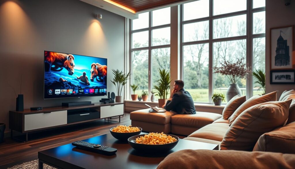 A modern living room set in Germany, showcasing a sleek, high-end television displaying a vibrant 4K IPTV stream. In the foreground, a stylish coffee table features remote controls and a bowl of popcorn, evoking a cozy viewing experience. The middle ground includes a comfortable sofa adorned with soft cushions, occupied by two individuals in professional attire, focused intently on the TV screen. The background features large windows with natural light flooding the room, illuminating tasteful decor like potted plants and contemporary artwork. The mood is warm and inviting, conveying a sense of relaxed entertainment. Use soft, balanced lighting to enhance the atmosphere, and capture the scene from a slightly elevated angle, highlighting the dynamic interaction between the subjects and the IPTV experience.