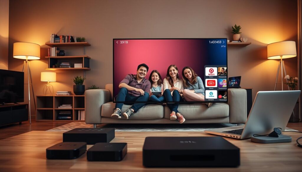 A modern living room set up for streaming with a focus on IPTV services tailored for German audiences. In the foreground, a sleek smart TV displaying a vibrant interface of IPTV options, surrounded by various electronic devices like streaming boxes, a laptop, and a tablet. The middle scene features a comfortable couch with a family enjoying entertainment together, dressed in casual yet neat clothing, with joy on their faces. The background includes subtle shelves filled with books and plants, enhancing the cozy atmosphere. Warm, inviting lighting with a soft glow from stylish lamps creates a relaxed mood. The angle is slightly tilted from above, capturing both the devices and the family's engagement in a harmonious setting.