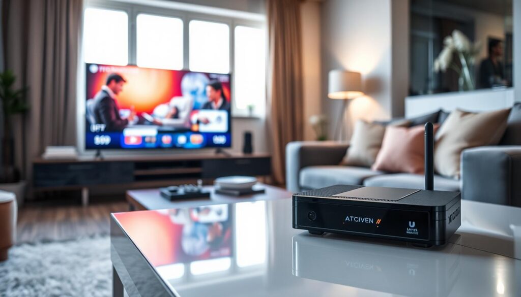 A modern living room setting featuring a sleek Android IPTV player prominently displayed on a stylish coffee table. The foreground includes a high-definition television showing a popular German television show, with vibrant colors and engaging visuals. In the middle ground, a cozy sofa adorned with plush cushions invites viewers to sit and enjoy the entertainment. The background reveals a window with soft, natural light streaming in, enhancing the warm, inviting atmosphere of the room. The overall mood is relaxed and entertaining, perfect for family or friends watching together. The image is well-lit, with a focus on the details of the IPTV player, emphasizing its cutting-edge technology and user-friendly interface. No text or watermarks are present, ensuring a clean design. A modern living room setting featuring a sleek Android IPTV player prominently displayed on a stylish coffee table. The foreground includes a high-definition television showing a popular German television show, with vibrant colors and engaging visuals. In the middle ground, a cozy sofa adorned with plush cushions invites viewers to sit and enjoy the entertainment. The background reveals a window with soft, natural light streaming in, enhancing the warm, inviting atmosphere of the room. The overall mood is relaxed and entertaining, perfect for family or friends watching together. The image is well-lit, with a focus on the details of the IPTV player, emphasizing its cutting-edge technology and user-friendly interface. No text or watermarks are present, ensuring a clean design.