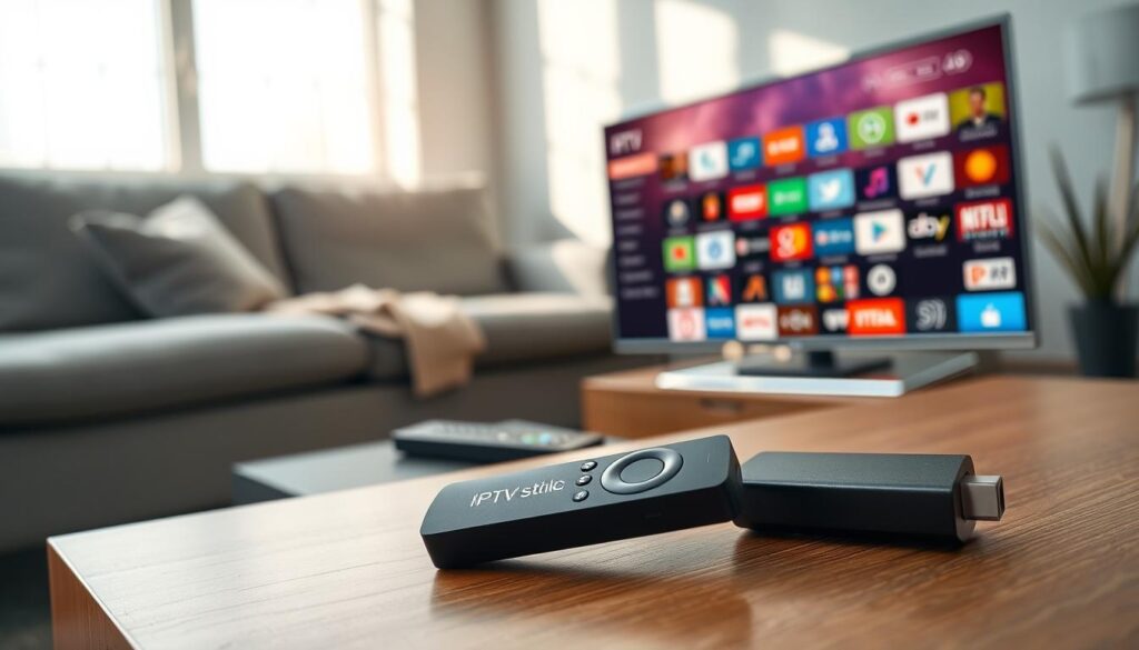 A modern living room setting, featuring a sleek IPTV stick prominently displayed on a coffee table. In the foreground, the IPTV stick is connected to a high-definition television screen, showcasing a vibrant user interface filled with various app icons and channel options. The middle layer shows a comfortable sofa with a remote control beside it, inviting viewers to explore. Soft ambient lighting creates a cozy atmosphere, while natural daylight filters through a window, casting gentle shadows. The background features minimalist decor, emphasizing a tech-savvy lifestyle. The overall mood is engaging and informative, reflecting the capabilities of an IPTV stick in home entertainment. The composition focuses on the technology and application options without any text or human subjects.