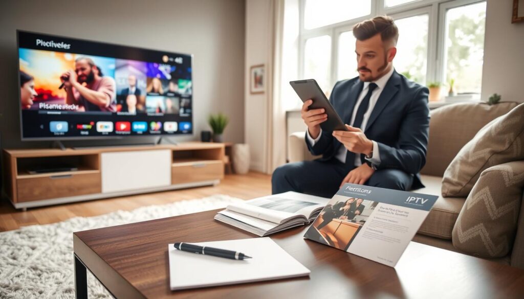 A modern living room setting featuring a sleek, high-definition 4K television displaying vibrant content. In the foreground, a well-dressed individual attentively examines specifications and features on a tablet, showcasing a focus on IPTV purchase considerations. In the middle ground, a stylish coffee table is neatly arranged with a notepad, pen, and a brochure highlighting IPTV services. Soft natural lighting enters through large windows, creating a warm and inviting atmosphere. The background reveals a cozy ambiance with tasteful decor, like framed art and potted plants, emphasizing a tech-savvy lifestyle. The overall mood is professional and informative, reflecting an atmosphere of careful consideration and modern technology.