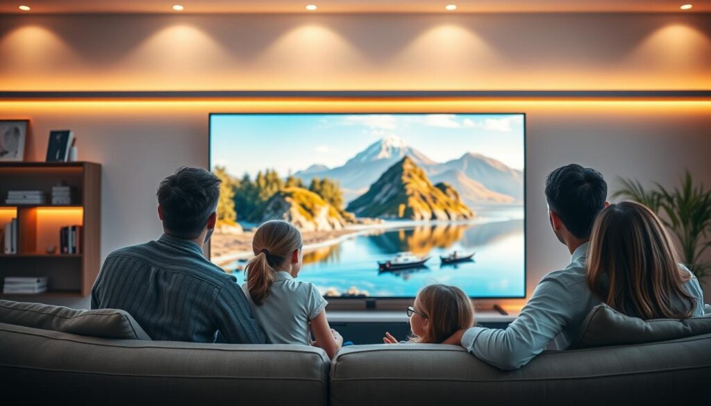 A modern living room setting featuring a sleek, high-definition television displaying vibrant, high-quality IPTV content. In the foreground, a family of four—dressed in casual but neat clothing—are comfortably seated on a stylish sofa, enjoying their viewing experience. The middle ground showcases the television screen, brightly lit, showcasing a stunning nature scene that emphasizes crisp images and deep colors. In the background, warm ambient lighting creates a cozy atmosphere, while tasteful décor elements, such as shelves with books and plants, add depth. The angle is slightly elevated, capturing both the family’s enjoyment and the TV's clarity, conveying a sense of seamless viewing experience and technological advancement.