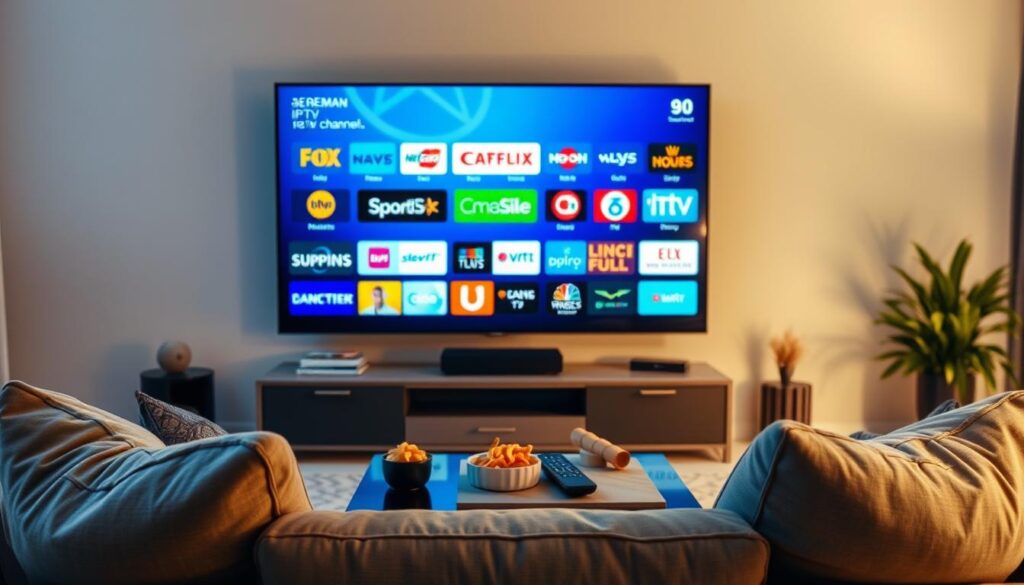 A modern living room setting featuring a sleek television displaying various popular German IPTV channels. In the foreground, there is a cozy sofa with stylish cushions, inviting viewers to sit and enjoy content. A coffee table holds snacks and a remote control, emphasizing the comfort of home entertainment. The middle ground showcases a vibrant display of channel logos and images, glowing softly to represent diverse programming options like sports, movies, and news. In the background, soft ambient lighting creates a warm atmosphere, enhancing the inviting feel of the scene. The angle captures the essence of a contemporary viewing experience, with a focus on leisure and enjoyment, ideal for illustrating the topic of German IPTV selection and content. A modern living room setting featuring a sleek television displaying various popular German IPTV channels. In the foreground, there is a cozy sofa with stylish cushions, inviting viewers to sit and enjoy content. A coffee table holds snacks and a remote control, emphasizing the comfort of home entertainment. The middle ground showcases a vibrant display of channel logos and images, glowing softly to represent diverse programming options like sports, movies, and news. In the background, soft ambient lighting creates a warm atmosphere, enhancing the inviting feel of the scene. The angle captures the essence of a contemporary viewing experience, with a focus on leisure and enjoyment, ideal for illustrating the topic of German IPTV selection and content.