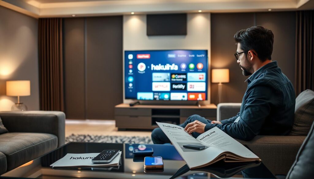 A modern living room setting prominently featuring a sleek TV displaying the hakuna IPTV interface. In the foreground, a focused individual, dressed in professional casual attire, is seated comfortably on a stylish sofa, intently connecting a streaming device to the television. The middle ground shows a coffee table adorned with a remote control, a smartphone, and an open user manual, showcasing simplicity in setup. The background consists of a well-lit, contemporary decor with soft lighting emanating from strategically placed lamps, creating a warm and inviting atmosphere. The overall mood is one of ease and accessibility, emphasizing the straightforward nature of setting up and activating hakuna IPTV.