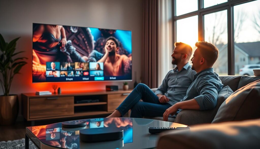 A modern living room setting serves as the foreground, featuring a sleek 4K television displaying vibrant streaming content. A professional in business casual attire is seated on a stylish couch, gazing intently at the screen with a look of focus and enjoyment. The middle layer includes a stylish coffee table with high-tech devices like a streaming box and remote control, illuminated by soft, ambient lighting that creates a cozy atmosphere. In the background, large windows showcase a bright day outside, accentuating the comfortable home environment. The image captures a mood of convenience and modern technology, emphasizing the seamless streaming experience. Use a slight angle for depth, employing a warm color palette to evoke a welcoming feel.