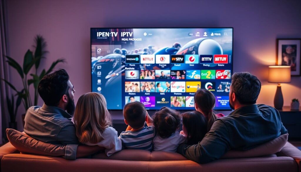 A modern living room setting showcasing a family enjoying IPTV services on a large, ultra-high-definition 4K television. In the foreground, a diverse family with two adults and two children, all dressed in smart casual attire, are sitting comfortably on a sleek sofa, their faces illuminated by the bright, vivid colors of the screen showing an action-packed scene. In the middle ground, the TV features a stylish user interface with various package options displayed, reflecting an array of IPTV channels in sharp detail. The background includes contemporary decor elements like plants and art on the walls, with soft, warm lighting creating an inviting atmosphere. The overall mood is vibrant and engaging, emphasizing the excitement and clarity of premium IPTV viewing experiences.