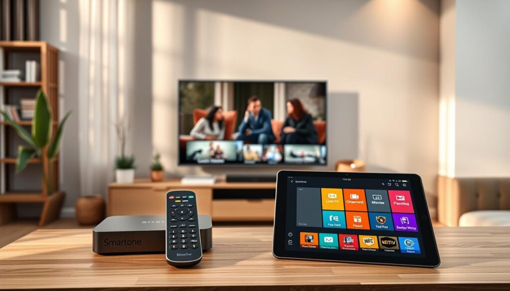 A modern living room setting showcasing a sleek Smartone IPTV device prominently placed on a stylish media console. In the foreground, the IPTV remote control with illuminated buttons is resting next to a tablet displaying the Smartone app interface with vibrant, engaging icons for live TV, on-demand movies, and a user-friendly menu. In the middle ground, a large flat-screen TV displays a high-definition scene from a popular series, surrounded by contemporary decor like potted plants and bookshelves. Soft, warm lighting creates a cozy atmosphere, with sunlight filtering through sheer curtains. The background shows a modern wall with a minimalistic design, enhancing the tech-savvy ambiance of Smartone IPTV's features and functions, inviting viewers into a high-tech, comfortable viewing experience.