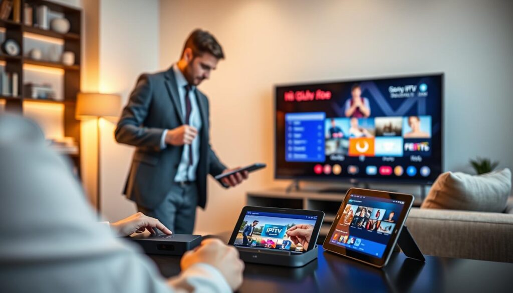 A modern living room setting showcasing various devices compatible with Germany IPTV, including a sleek flat-screen TV, a streaming box, and a tablet displaying the IPTV interface. In the foreground, an individual in professional business attire is setting up the streaming box, reviewing its connections. The middle ground features the TV with an vibrant IPTV channel interface visible, while a cozy sofa is positioned nearby. The background includes a stylish bookshelf and contemporary lighting casting a warm glow, enhancing the inviting atmosphere. Soft focus on the edges emphasizes the clarity of the IPTV setup. The image conveys a sense of modern technology integrated into daily life, with a focus on ease of use and accessibility. A modern living room setting showcasing various devices compatible with Germany IPTV, including a sleek flat-screen TV, a streaming box, and a tablet displaying the IPTV interface. In the foreground, an individual in professional business attire is setting up the streaming box, reviewing its connections. The middle ground features the TV with an vibrant IPTV channel interface visible, while a cozy sofa is positioned nearby. The background includes a stylish bookshelf and contemporary lighting casting a warm glow, enhancing the inviting atmosphere. Soft focus on the edges emphasizes the clarity of the IPTV setup. The image conveys a sense of modern technology integrated into daily life, with a focus on ease of use and accessibility.