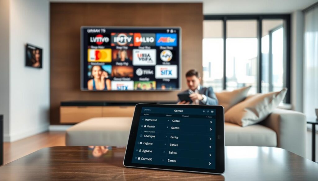 A modern living room setting with a sleek TV displaying various German IPTV channels. In the foreground, a stylish coffee table holds a tablet showcasing an IPTV app interface, featuring an organized list of popular German channels. The middle ground includes a comfortable sofa with neutral-toned cushions, and a person sitting on the sofa in business casual attire, intently navigating the app. In the background, a well-lit space through a large window shows a cityscape, hinting at urban life. Soft, warm lighting creates a cozy atmosphere, emphasizing a sense of modern technology and legal awareness. Capture this scene from a slightly elevated angle, highlighting both the TV and the person’s interaction with the IPTV app.