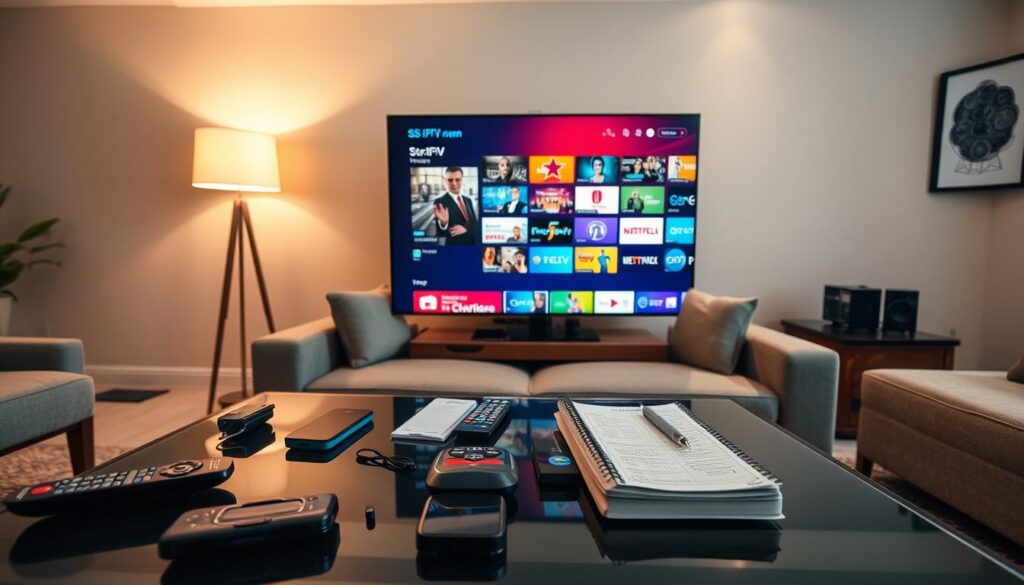 A modern living room setup featuring a flat-screen TV displaying the SS IPTV interface with vibrant streaming options. In the foreground, a stylish coffee table is cluttered with gadgets like a remote control, smartphone, and a notebook with notes on effective IPTV usage. The middle layer includes a comfortable sofa with a person in professional business attire, focused on navigating the SS IPTV features. The background shows soft, ambient lighting from floor lamps, creating a cozy atmosphere with neutral-toned walls adorned with tech-themed art. The scene captures a blend of entertainment and technology, emphasizing an engaging and informative experience with IPTV.