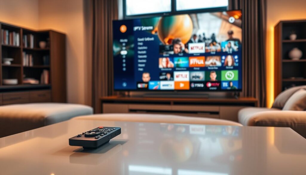 A modern living room setup featuring a large smart TV displaying high-definition IPTV content, showcasing vibrant colors and sharp image quality. In the foreground, a remote control lies on a sleek coffee table, hinting at interactive features. In the middle, a comfortable sofa is positioned towards the TV, with a cozy atmosphere emphasized by soft, warm lighting. In the background, a window with light streaming in adds an inviting touch, highlighting the technology in use. The overall scene conveys a sense of enjoyment and convenience, perfect for showcasing IPTV Extreme's image quality and features. The focus is on a clean and tasteful design, avoiding clutter, with no text or overlays present.