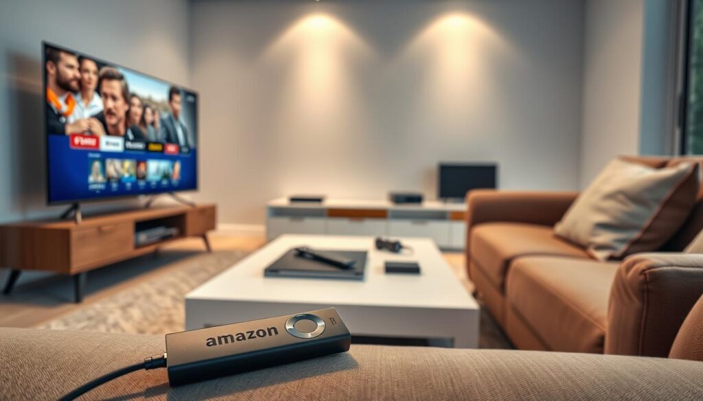 A modern living room setup featuring a variety of IPTV devices optimized for German viewers in 2026. In the foreground, a sleek Amazon Fire Stick is plugged into a contemporary Smart TV, showcasing vibrant streaming content. The middle layer features a stylish coffee table with a tablet and remote controls, surrounded by cozy seating arrangements. The background displays a minimalist home entertainment unit with additional devices like a streaming box and a soundbar. Soft, ambient lighting enhances the inviting atmosphere, casting gentle reflections on the TV screen. The scene captures a cutting-edge tech vibe, emphasizing convenience and sophistication in home entertainment setup.