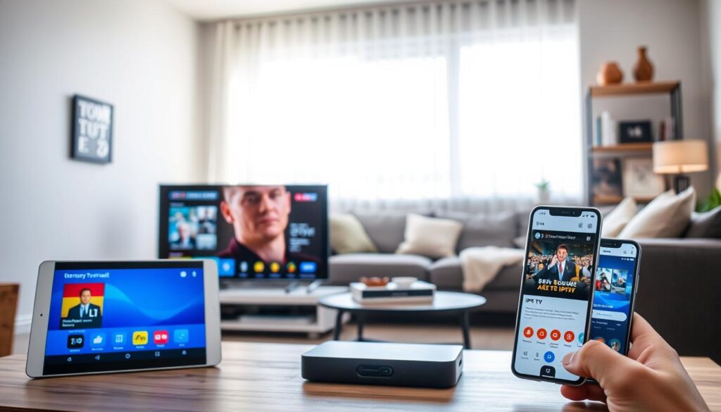 A modern living room setup featuring various devices that can stream IPTV. In the foreground, a sleek smart TV displaying a vibrant German TV channel interface. To the left, a tablet on a coffee table showing a streaming app, and to the right, a smartphone with a user-friendly IPTV app open on its screen. The middle ground includes a cozy couch and stylish decor, creating a warm atmosphere. Soft, natural light filters in through a large window, casting a pleasant glow on the scene. The background contains shelves with streaming device boxes and books, conveying a tech-savvy environment. The overall mood is inviting and informative, suitable for illustrating the setup process of IPTV services in a modern home.