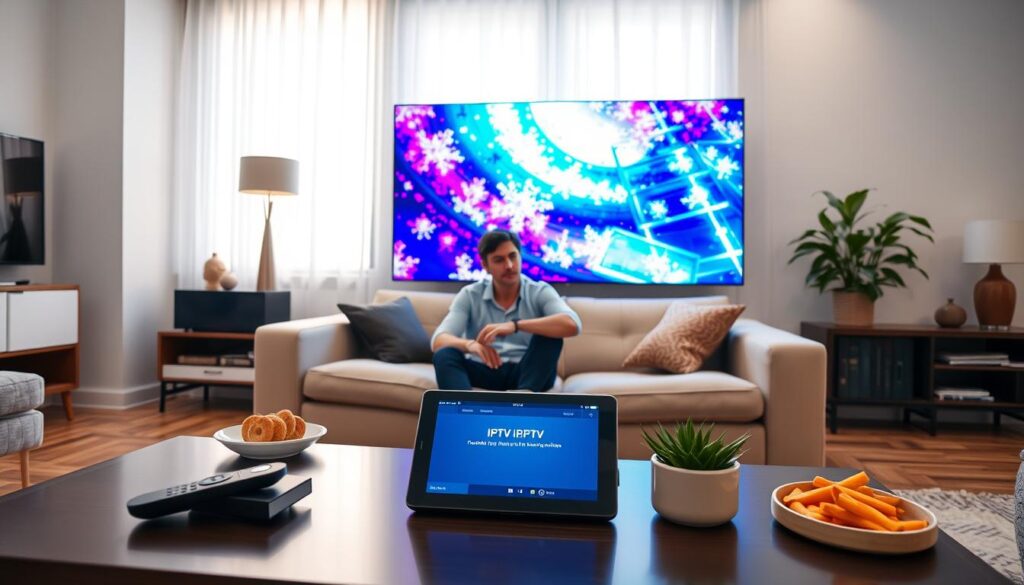 A modern living room setup with a large, ultra-high-definition TV displaying vibrant IPTV content in 8K resolution. The foreground features a sleek coffee table with a remote control, some snacks, and a tablet showing IPTV setup instructions. In the middle, a comfortable couch with a professional individual in modest casual attire, intently focused on the TV, surrounded by contemporary decor. The background includes a window with soft, natural lighting filtering through, creating a warm and inviting atmosphere. The overall mood is tech-savvy and contemporary, emphasizing the ease of activating and setting up IPTV streaming for a stunning viewing experience. A modern living room setup with a large, ultra-high-definition TV displaying vibrant IPTV content in 8K resolution. The foreground features a sleek coffee table with a remote control, some snacks, and a tablet showing IPTV setup instructions. In the middle, a comfortable couch with a professional individual in modest casual attire, intently focused on the TV, surrounded by contemporary decor. The background includes a window with soft, natural lighting filtering through, creating a warm and inviting atmosphere. The overall mood is tech-savvy and contemporary, emphasizing the ease of activating and setting up IPTV streaming for a stunning viewing experience.