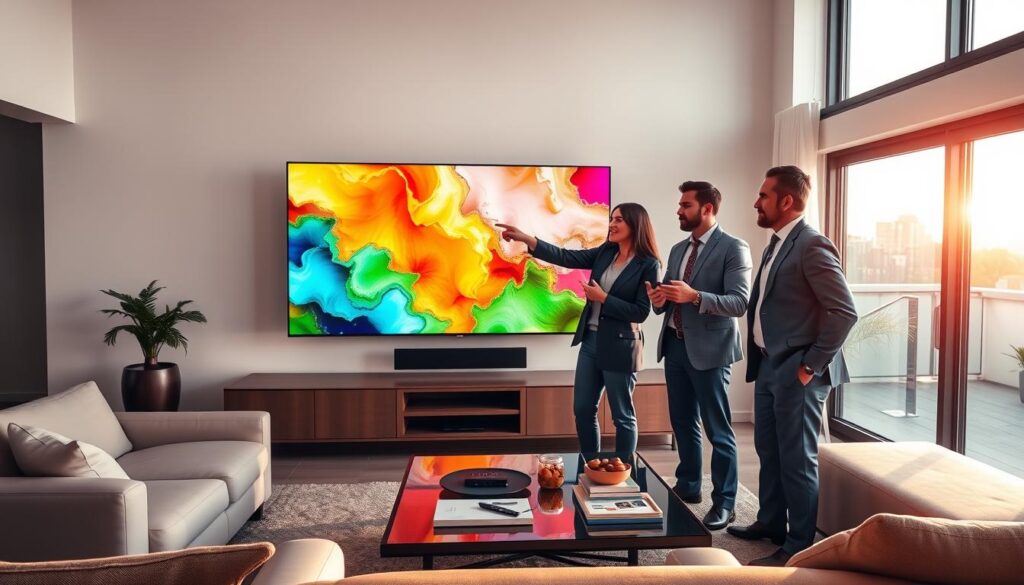 A modern living room showcasing IPTV 4K technology, featuring a large, ultra-high-definition TV displaying vibrant visuals. In the foreground, a diverse group of three adults, dressed in professional and smart casual attire, are engaged in discussion, pointing at the screen. The middle-ground includes sleek furniture, a stylish coffee table with a remote and snacks, and a subtle light accentuating the television's vivid colors. In the background, large windows reveal a sunny day, creating a warm, inviting atmosphere. The overall mood is collaborative and engaging, with soft, natural lighting highlighting the intimate setting and the technological marvel of IPTV 4K.