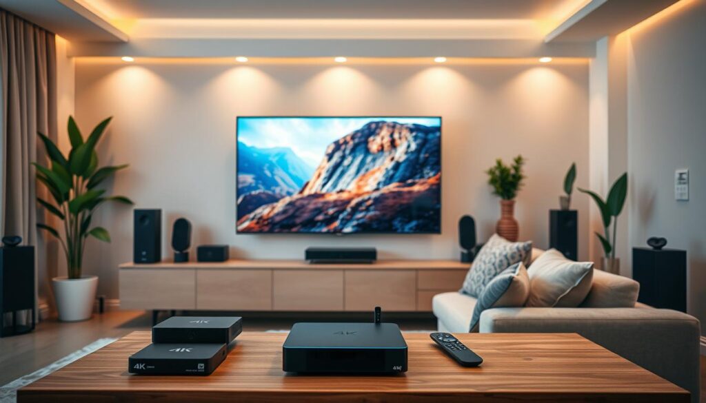 A modern living room showcasing a compatible IPTV setup for 4K streaming. In the foreground, a sleek, large flat-screen TV displays vibrant 4K content with stunning detail. A stylish, minimalistic media console below features various compatible devices, including a streaming box and smart remote. In the middle, a comfortable couch adorned with plush cushions invites viewers to relax while enjoying high-definition viewing. The background features soft, warm lighting that adds a cozy atmosphere, with smart speakers and decorative plants framing the scene. The angle captures the room from slightly above, emphasizing the technology and comfort. The mood is inviting, highlighting the seamless compatibility of devices for an ultimate viewing experience.