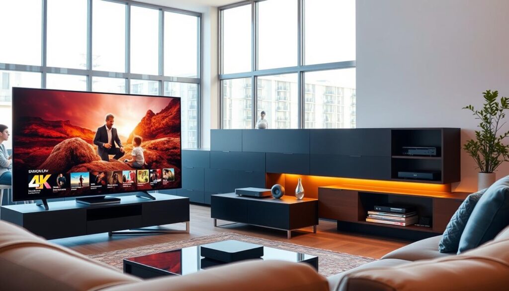 A modern living room showcasing a sleek IPTV setup. In the foreground, a stylish, large flat-screen TV displays vibrant 4K content, with a family enjoying a show together on a comfortable couch, dressed in casual but neat attire. In the middle ground, an elegant entertainment center houses advanced streaming devices and a small shelf of various digital media. The warm lighting creates a cozy atmosphere, enhancing the inviting ambiance. In the background, large windows allow soft natural light to filter in, adding to the overall brightness of the space. The mood is relaxed and engaging, emphasizing the flexibility and reliability of a premium IPTV service.