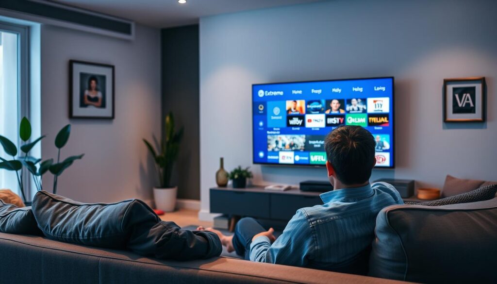 A modern living room showcasing the installation of the IPTV Extreme app on a sleek Smart TV. In the foreground, a user in smart casual attire is seated comfortably on a stylish sofa, focused on the television screen displaying the IPTV Extreme interface. The middle ground features the Smart TV, elegantly mounted on a minimalist wall, with colorful streaming options visible. The background includes cozy decor elements such as plants and framed artwork, creating a warm and inviting atmosphere. The lighting is soft and ambient, giving the scene a relaxed feel. The perspective is slightly angled to capture both the user’s engagement and the clarity of the Smart TV display, emphasizing the technology and user experience.