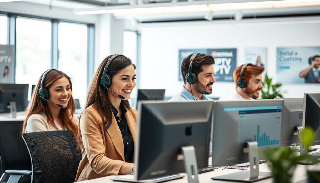 A modern office environment showcasing a professional customer support team dedicated to IPTV services. In the foreground, a diverse group of three customer service agents, one woman and two men, dressed in smart casual attire, engage with customers through headsets, displaying friendly expressions. In the middle, sleek computer screens display IPTV interfaces and technical data, with one agent analyzing metrics. The background features a contemporary office space with bright lighting, large windows letting in natural light, and branded IPTV promotional materials on the walls. The atmosphere is dynamic yet calm, emphasizing reliability and accessibility, symbolizing 24/7 support for users. The image captures a sense of professionalism and efficiency in customer service.
