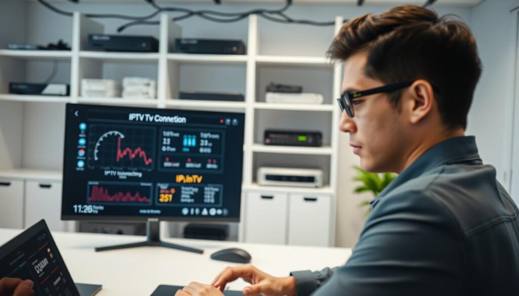 A modern office workspace featuring a professional testing an IPTV connection on a sleek laptop. In the foreground, a focused individual, dressed in smart casual attire, intently monitors streaming data on the screen. The middle ground shows a large monitor displaying IPTV diagnostic graphs and buffering indicators, with a calm expression of concentration. In the background, shelves with technological equipment and network devices create an organized, tech-savvy atmosphere. Soft, even lighting enhances the clarity of the image, suggesting a serious yet approachable mood, with a shallow depth of field that blurs the background slightly, drawing attention to the IPTV connection test process.
