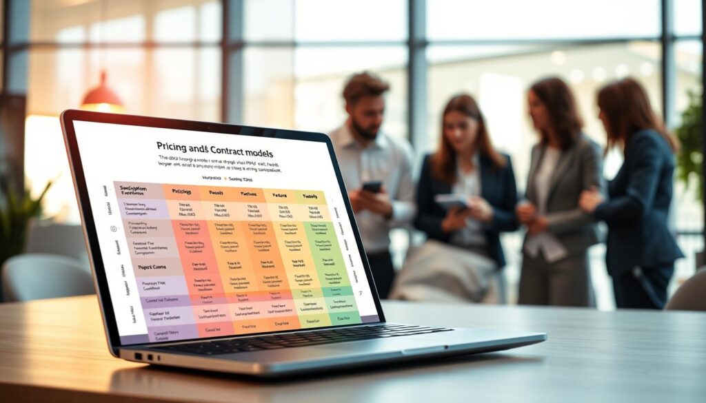 A modern, professional comparison chart showcasing "Pricing and Contract Models" for IPTV providers in Germany. In the foreground, a sleek, open laptop displays a colorful, detailed infographic illustrating various subscription plans, prices, and features. In the middle ground, a diverse group of professionals in business attire are engaged in discussion, analyzing the information on the laptop. They appear focused and engaged, symbolizing thoughtful decision-making. The background features a contemporary office environment with soft, ambient lighting, large windows allowing natural light to pour in, enhancing a productive atmosphere. The mood is energetic yet professional, conveying clarity and informed choices in the world of IPTV services.