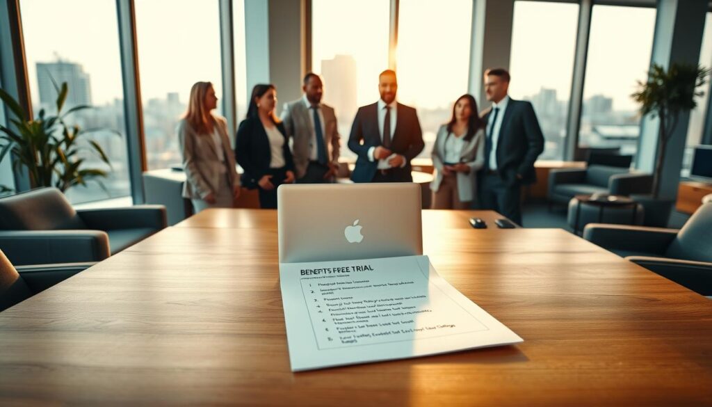 A modern, professional office space with sleek furniture, a large wooden desk in the foreground featuring a laptop and a notepad with bullet points on the benefits of free trial periods. In the middle background, a diverse group of business professionals in smart attire are engaged in a discussion, emphasizing collaboration and strategy. Soft, warm lighting streams through large windows, adding a cozy yet professional atmosphere. A subtle cityscape can be seen outside, hinting at a vibrant urban environment. The angle of the shot captures both the desk and the group, focusing on their expressions of determination and interest. The overall mood conveys the importance of evaluating options and making informed decisions through free trials.