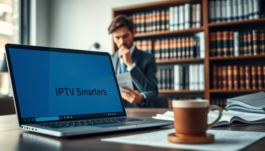 A modern, professional workspace with a focus on IPTV Smarters Pro. In the foreground, a sleek laptop displays the IPTV Smarters Pro interface, surrounded by legal documents and a coffee cup. In the middle ground, a business person dressed in professional attire thoughtfully reviews a contract, symbolizing the legal aspects of streaming. The background features a blurred bookshelf filled with law books and regulatory guides, creating an atmosphere of authority. Soft, natural lighting illuminates the scene, enhancing the serious tone while conveying clarity and professionalism. The angle captures both the laptop and the person, inviting viewers to reflect on the importance of understanding legal responsibilities while using streaming services.