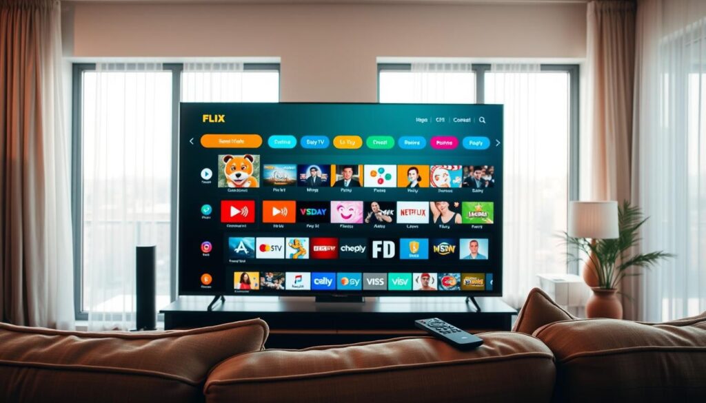 A modern, sleek IPTV player interface on a large flat-screen television in a contemporary living room setting. In the foreground, focus on the TV displaying the Flix IPTV app, showcasing vibrant thumbnails of various live TV channels, neatly organized for easy navigation. The middle layer features a cozy sofa with a remote control resting on the arm, inviting viewers to interact. In the background, a window allows soft, natural light to flood the room, complementing the technology-focused atmosphere. The scene should have a warm and inviting mood, emphasizing innovation and user-friendliness. Use a slightly elevated angle to capture the entire setup, with clear details on both the TV screen and its surroundings.