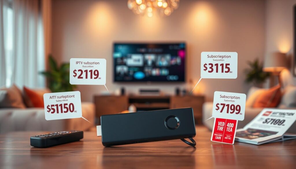 A modern, sleek IPTV stick prominently displayed in the foreground, showcasing various price tags and subscription plans creatively arranged around it. The middle ground features a stylishly designed entertainment setup with a flat-screen TV and cozy seating, suggesting a comfortable viewing environment. In the background, soft ambient lighting casts a warm glow, creating an inviting atmosphere that conveys a sense of affordability and ease. The composition should include elements like a remote control and a subscription booklet to emphasize the subscription model aspect. The scene is photographed from a slightly elevated angle, using a shallow depth of field to focus on the IPTV stick while softly blurring the background, enhancing the overall professional and informative mood.