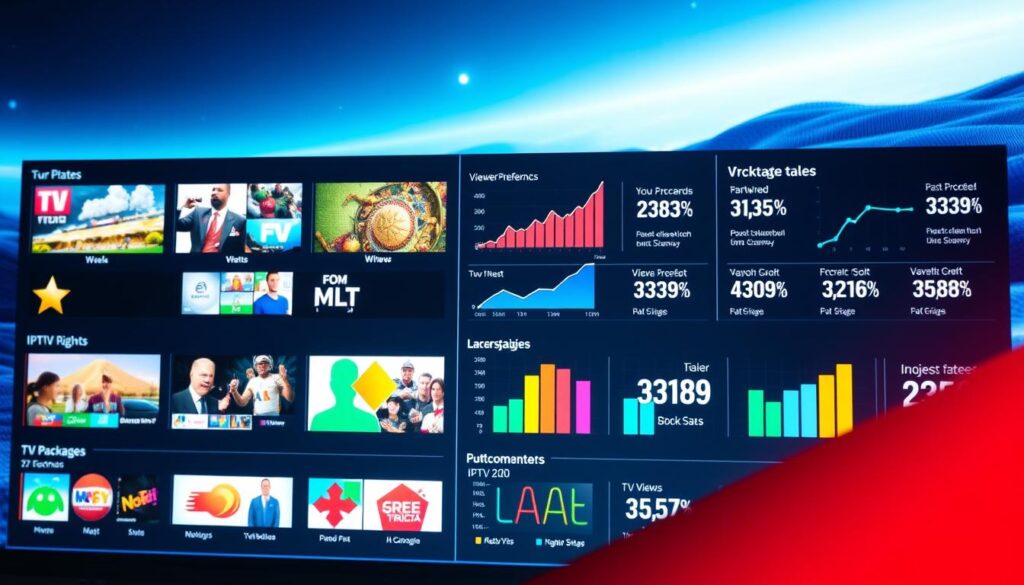 A modern, sleek comparison chart showcasing various IPTV packages available in Germany for 2026. The foreground features vibrant icons representing different TV channels, labeled clearly, arranged in an engaging grid format. In the middle ground, stylized graphs and statistics display viewer preferences and package prices, using a mix of bright colors for visual appeal. The background consists of an abstract representation of a digital landscape, with a gradient blend of blue and white tones, evoking a high-tech atmosphere. Soft, ambient lighting highlights the data, and the angle is a slightly elevated viewpoint, giving an overview of the comparison. The overall mood is informative and professional, ideal for a tech-savvy audience interested in IPTV services.
