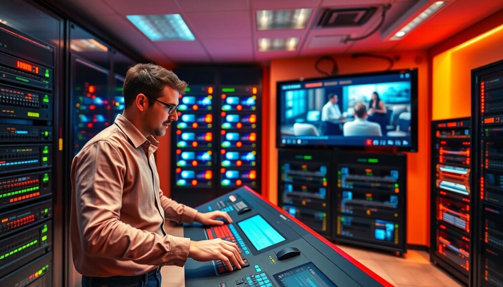 A modern, sleek control room filled with high-tech servers located in Germany, symbolizing the backbone of local IPTV streaming quality. In the foreground, show a confident IT professional in smart casual attire, adjusting network configurations on a digital console. The middle layer features rows of flashing servers with LED lights indicating operational status, showcasing a vibrant, connected atmosphere. In the background, a large screen displays streaming content with smooth playback, under soft, ambient lighting that emphasizes the efficient environment. Use a slight angle shot to create depth, and emphasize the warm tones of orange and blue for a professional yet inviting mood that reflects technological advancement and reliability in local content delivery.