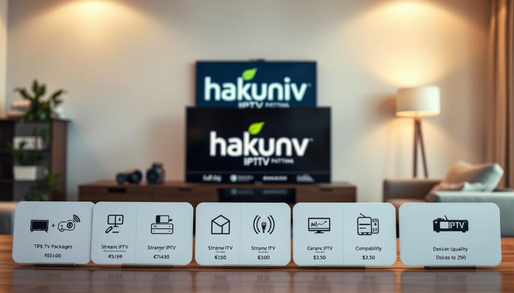 A modern, sleek display showcasing "hakuna IPTV packages and prices" prominently in the foreground, with elegant icons representing various TV packages and prices laid out attractively. In the middle, a sophisticated digital interface highlights the key features such as streaming quality and device compatibility. The background features a stylish living room setting with a large smart TV displaying the hakuna IPTV logo, creating a contemporary and inviting atmosphere. Soft, warm lighting enhances the cozy feel of the space, while a shallow depth of field focuses on the packages in front. The mood is professional yet approachable, ideal for conveying informational content visually, ensuring no text or distractions are present.
