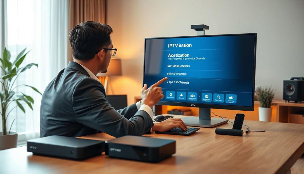 A modern, sleek home office setting, showcasing a person in professional attire seated at a desk, focused intently on a computer screen displaying an IPTV activation interface. The foreground features neatly organized tech devices, including a high-definition TV and a streaming box. In the middle, the individual is interacting with various options on the screen, symbolizing the installation process with visible icons for settings, connections, and channels. The background is softly illuminated by warm, ambient lighting, providing a cozy atmosphere suitable for a tech-savvy environment. Capture this scene from a slightly elevated angle to give depth, and ensure all elements convey a sense of clarity and innovation, befitting a professional evaluation of IPTV services in stunning 8K quality.