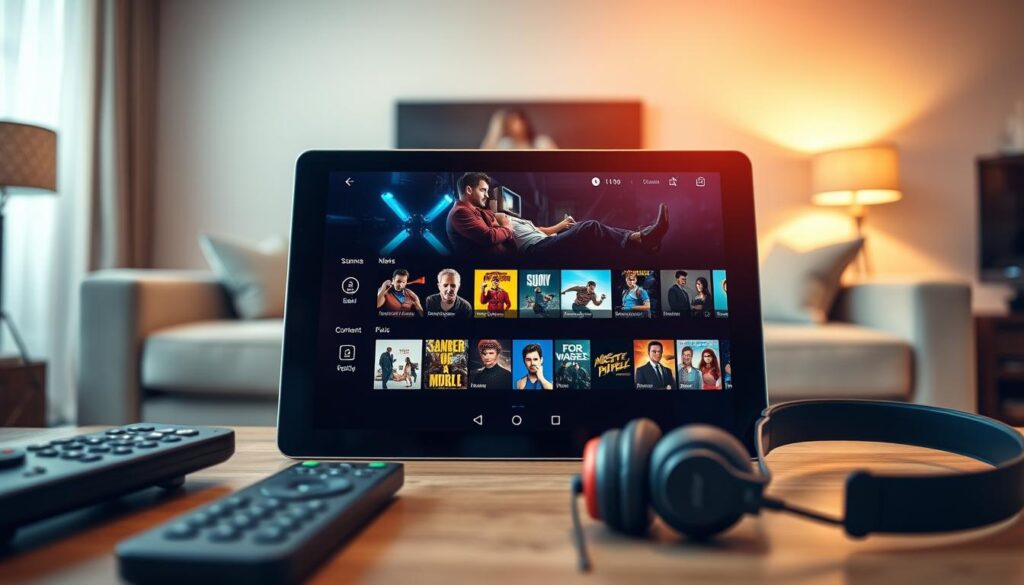 A modern, sleek interface of the IPTV Extreme App displayed on a high-resolution tablet, highlighting its features such as live TV streaming, on-demand content, and user-friendly navigation. In the foreground, the tablet is surrounded by various remote controls and a pair of headphones, signifying a complete entertainment setup. The middle section shows the app interface with vibrant thumbnails of shows and movies, showcasing diversity in content. The background features a cozy living room setting with soft ambient lighting, creating a warm and inviting atmosphere. The image should have a professional look, using a shallow depth of field to focus on the tablet while softly blurring the background. Ensure the color palette is vibrant yet balanced, conveying a sense of excitement and access to a world of entertainment.