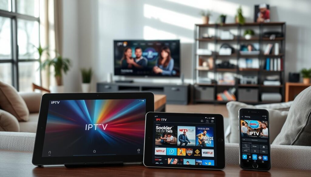 A modern, sleek living room setup showcasing multiple devices compatible with IPTV streaming, including a smart TV, tablet, and smartphone. In the foreground, the tablet displays a vibrant IPTV interface, while the smart TV shows various streaming services. The middle ground features a comfortable couch and stylish decor, emphasizing a cozy yet tech-savvy ambiance. The background consists of a well-organized entertainment center filled with streaming gadgets. Natural light streams in through a large window, creating a warm and inviting atmosphere. A slight depth of field focuses on the devices, highlighting their seamless integration into everyday life. Overall, the image conveys a sense of accessibility and innovation in streaming technology across different platforms.