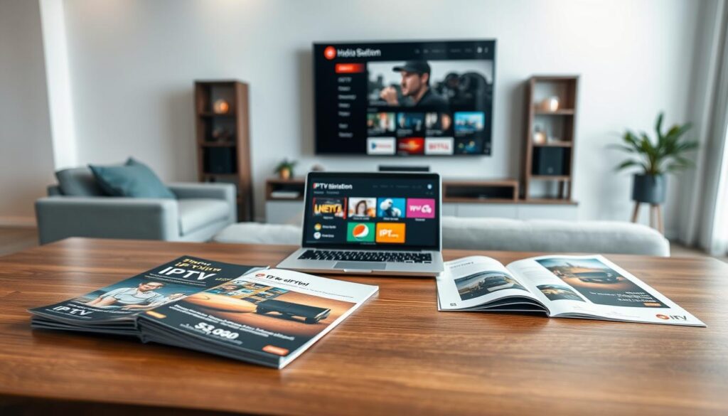 A modern, sleek presentation of various IPTV subscription options and pricing plans illustrated visually. In the foreground, display a polished wooden table with elegant brochures showcasing different IPTV packages, featuring vibrant graphics and attractive pricing tiers. In the middle, an open laptop on the table shows a user-friendly interface of the IPTV service, with colorful icons representing channels and features. The background includes a stylish living room with a high-definition television mounted on the wall, displaying a sample IPTV interface. Soft, ambient lighting creates a welcoming atmosphere, highlighting the tech-savvy environment. The overall mood exudes professionalism and sophistication, emphasizing value and quality in IPTV services. Use a wide-angle shot for perspective and depth, capturing the essence of modern entertainment.