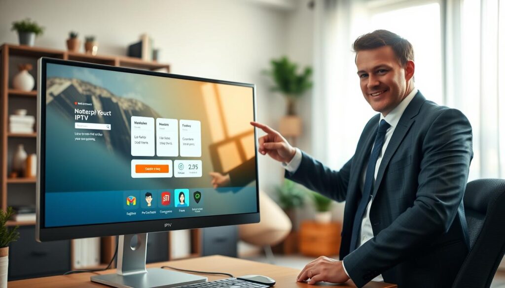A modern, user-friendly online interface for IPTV streaming, showcasing a step-by-step ordering process. In the foreground, a sleek computer monitor displays a vibrant, visually appealing website with simple navigation buttons and an attractive layout. A business professional in smart casual attire points at the screen, highlighting the ease of use. The middle ground features a cozy home office setting with subtle decor, such as plants and bookcases, creating a welcoming atmosphere. In the background, a soft blurred window allows natural light to enter, enhancing the warm ambiance. The overall mood is inviting and efficient, emphasizing a straightforward streaming experience in Germany. Use soft lighting to create a friendly and approachable vibe, focusing on clarity and professionalism.