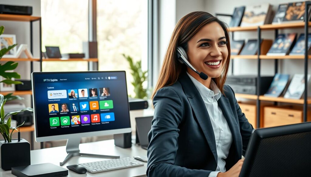 A professional customer service scene set in a modern office environment related to IPTV providers. In the foreground, a friendly customer service representative dressed in business attire is engaged in a conversation with a customer over the phone, displaying patience and attentiveness. In the middle ground, a computer screen shows a user-friendly IPTV interface with vibrant icons and customer support chat windows open. The background features a well-organized workspace with shelves filled with tech gadgets and brochures emphasizing support quality. Soft, natural lighting streams from a nearby window, creating a warm atmosphere. The overall mood is one of efficiency, reliability, and satisfaction, highlighting the essence of quality customer service in tech support.