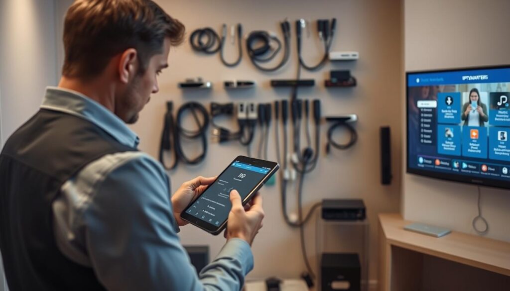A professional workspace showcasing the installation of IPTV Smarters in 2026. In the foreground, a technician wearing a smart uniform is configuring a sleek modern set-top box connected to a high-definition television. The technician is focused, using a tablet to check compatibility settings. In the middle ground, a wall displays a variety of cables and streaming devices, illustrating different installation options. In the background, a well-organized setup includes a router and a computer monitor displaying IPTV Smarters software interface. Soft, ambient lighting highlights the equipment, creating a modern and tech-savvy atmosphere. The overall mood is efficient and professional, emphasizing the technical requirements for installation and compatibility in a contemporary environment.