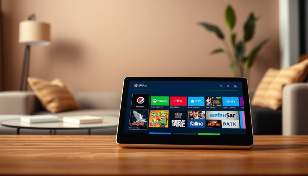A realistic screenshot of the IPTV Smarters Pro app displayed on a modern tablet, showcasing its user interface and features. The foreground should highlight the app interface with vibrant icons and a clean layout, emphasizing streaming options and user-friendly navigation. In the middle ground, a subtle gradient background with muted colors suggests a comfortable home environment, enhancing the focus on the tablet. The scene is warmly lit, mimicking natural light for an inviting atmosphere. The angle should be slightly tilted to capture the tablet’s screen fully, while maintaining a professional feel. Ensure the setting reflects a modern living room with minimalist decor to align with contemporary user experiences.