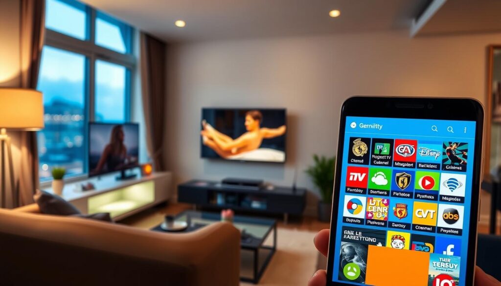 A sleek Android smartphone displaying an IPTV application interface featuring popular German TV channels, prominently in the foreground. The phone screen should showcase a vibrant, user-friendly layout, with colorful icons representing different channels and categories. In the middle ground, a cozy living room setting with a contemporary design, including a modern TV mounted on the wall, stylish furniture, and ambient lighting creating a warm atmosphere. The background reveals a window with a view of a serene city skyline, hinting at a relaxing evening. The image should be well-lit and capture a sense of accessibility and modernity, conveying the ease of using IPTV for German channels. Use a slightly elevated angle to focus on both the phone and its surroundings, ensuring all elements harmoniously blend together without any text or logos.