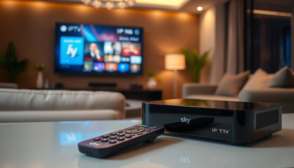 A sleek and modern IPTV box labeled "Sky" is positioned prominently in the foreground, showcasing its distinct design with a glossy finish and illuminated buttons. In the middle ground, a stylish remote control lies beside the box, highlighting the intuitive layout of buttons for easy navigation. The background features an elegant living room setting, softly illuminated by warm, ambient lighting, suggesting a cozy atmosphere ideal for entertainment. A large flat-screen TV is mounted on the wall, tuned to an IPTV interface, displaying vivid graphics that illustrate menu navigation options. The overall mood conveys innovation and user-friendly technology, inviting viewers to explore the world of IPTV with ease and comfort, shot from a slightly elevated angle to capture all elements harmoniously.