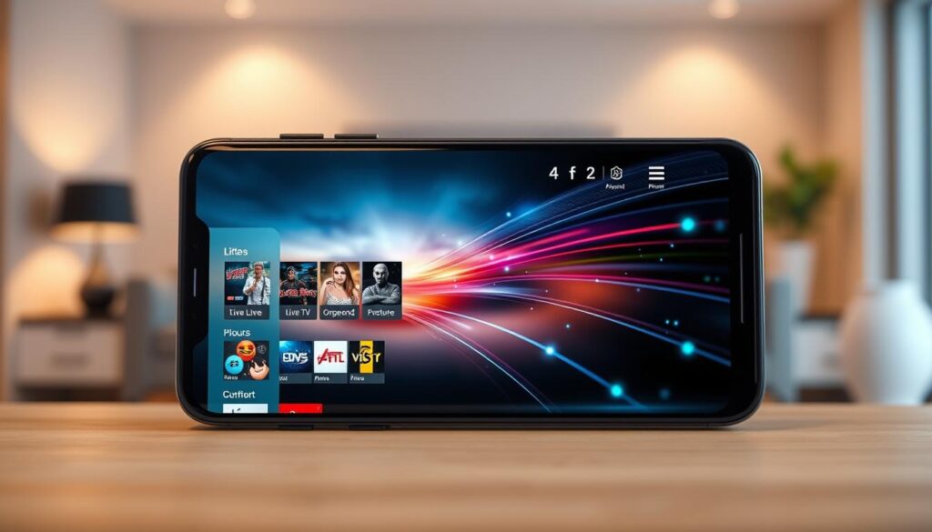 A sleek and modern digital interface of the IPTV Smarters Pro app displayed on a high-resolution smartphone screen in the foreground. The screen shows vivid graphics with features like live TV, on-demand content, and user-friendly navigation icons. In the middle ground, an abstract representation of streaming media, like flowing lines of data and digital waves, symbolizes connectivity and robust performance. The background features a blurred living room environment with soft, warm lighting to create a cozy, inviting atmosphere, suggesting home entertainment. The scene captures a sense of innovation and digital convenience, emphasizing the app's unique features and capabilities without showcasing any specific text or branding. The overall mood is professional yet accessible, highlighting the app's utility for users.